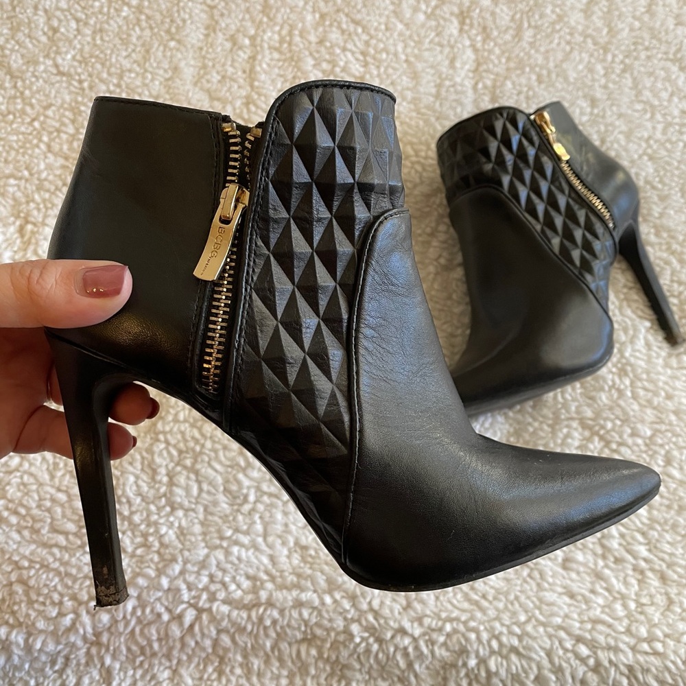 BCBGirls Black Quilted Leather Pointed Toe Ankle Booties with Gold Zippers